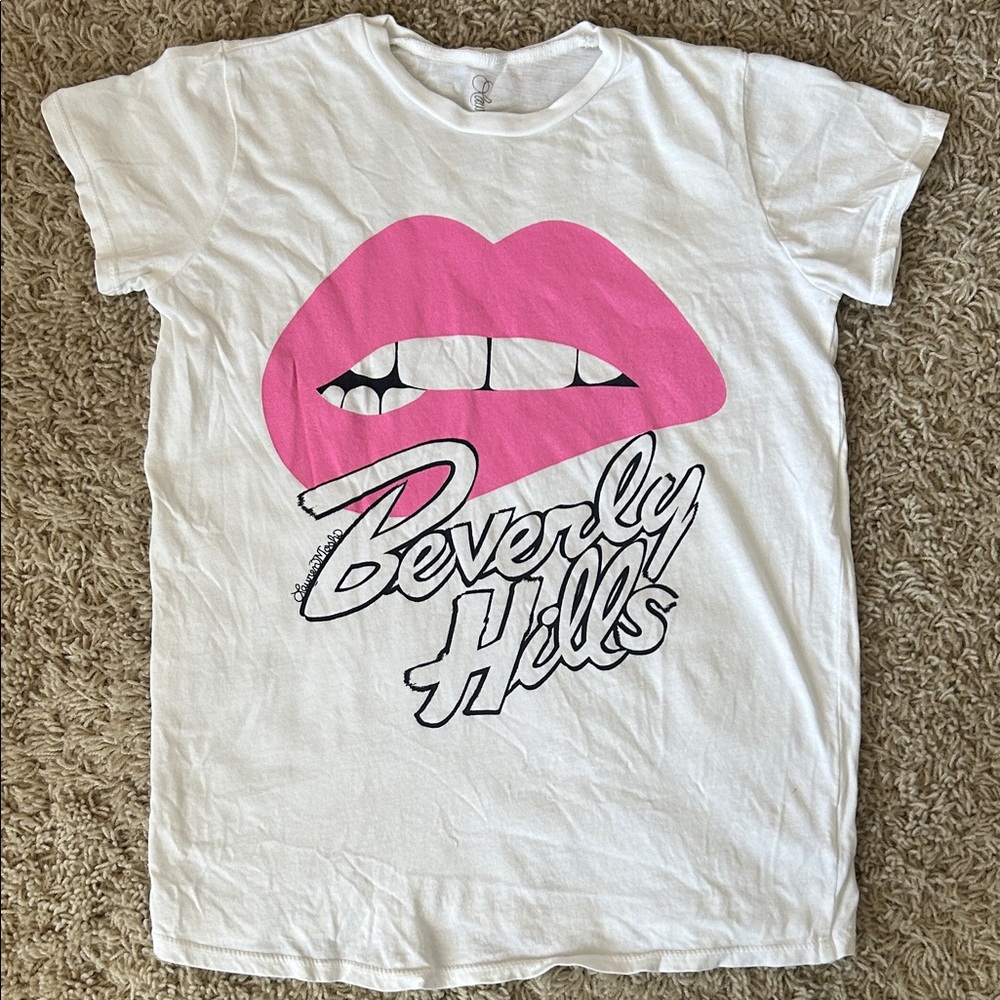 Lauren Moshi White Tee with Pink Lip Graphic and Beverly Hills Script Size 10